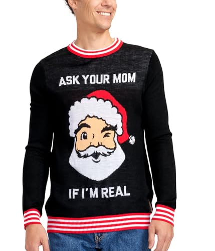 Tipsy Elves Men's Black Ask Your Mom If I'm Real Ugly Christmas Sweater Size Large
