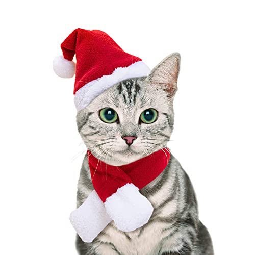 NAMSAN Cat Santa Hat Scarf Small Dog Christmas Costume Xmas Outfit Santa Claus Hat with Red Muffler for Kitten, Doggy, Rabbit, Statue, Toys Decoration