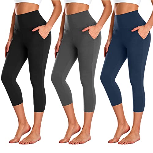 NEW YOUNG 3 Pack Capri Leggings for Women with Pockets-High Waisted Tummy Control Black Workout Gym Yoga Pants