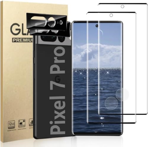 [2+2 Pack] for Google Pixel 7 Pro Screen Protector Include 2 Pack Tempered Glass Screen Protector +2 Pack Tempered Glass Camera Lens Protector,9H Hardness ，3D Curved for Google Pixel 7 Pro 5G