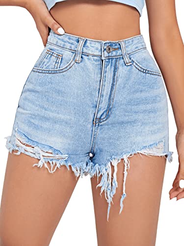 SweatyRocks Women's High Waist Denim Shorts Ripped Raw Hem Jean Shorts Casual Summer Hot Pants with Pockets Light Wash S