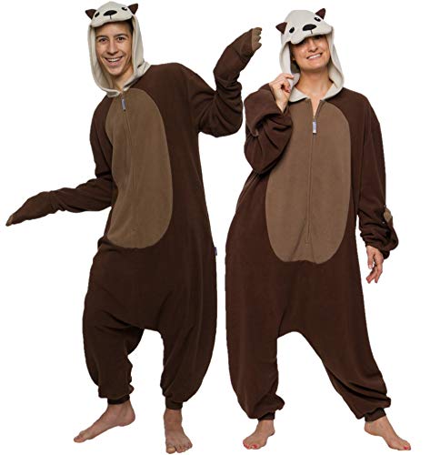 FUNZIEZ! Otter Costume - Adult Aquatic Animal One Piece Unisex Pajama - Loungewear (Brown, Small)