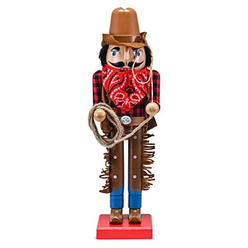 Ornativity Christmas Western Cowboy Nutcracker – Brown and Red Wooden Nutcrackers Cow Boy with a Rope and Lasso Xmas Themed Holiday Nut Cracker Doll Figure Decorations 14'