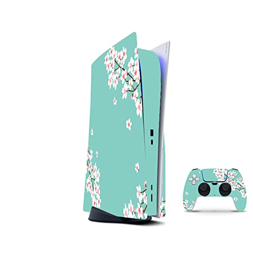 PS 5 Skin for Console and 2 Controllers by ZOOMHITSKINS, Same Decal Quality for Cars, Sakura Aqua Anime Green Japan Mint, Durable, Bubble-Free, Compatible with PS 5 W/Disk, Precisely Cut
