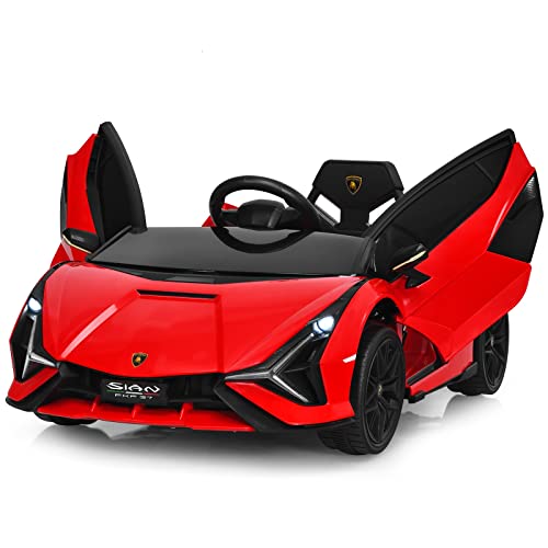 INFANS 12V Licensed Lamborghini Sian Kids Ride On Car with Parent Remote Control, Spring Suspension, MP3 Player, Electric Toy Roadster Carbon Fiber Textured for Toddler (Red)