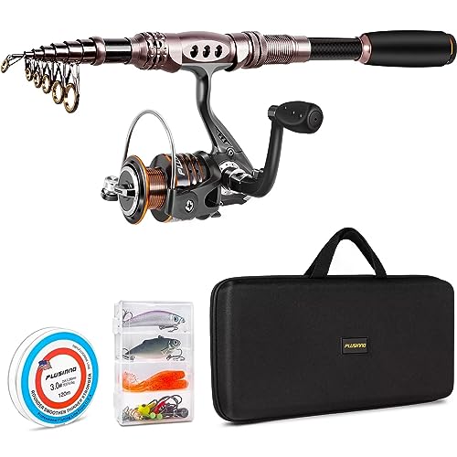 PLUSINNO Telescopic Fishing Rod Reel Combos Full Kit, Spinning Gear Organizer Pole Sets Line Lures Hooks Reel Carrier Bag Case Accessories (Full Kit with Carrier Case, 1.8M 5.91FT)