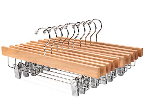 Nature Smile Wooden Pants Hangers Wood Bottom Jeans Skirt Hanger with Clips Anti Rust Hook Pack of 10 (Natural)