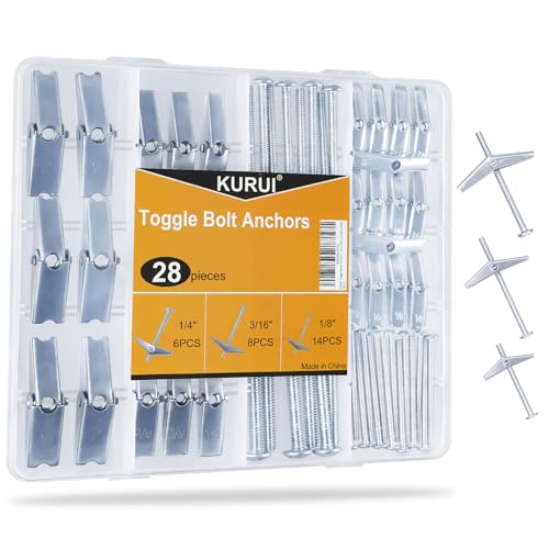 KURUI 28Pcs Heavy Duty Hollow Wall Anchors for Drywall, Toggle Bolts and Wing Nut Kit, Metal Drywall Anchors and Screws Assortment Set, 3 Sizes Butterfly Anchors (1/8in, 3/16in, 1/4in)