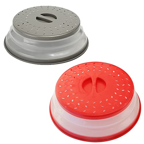 Collapsible Microwave Splatter Cover For Food With Silicone Mats, 10.5 Inch, Dishwasher-safe, Microwave Plate Cover With Steam Vent，BPA-Free & Non-Toxic (2, red,gray)