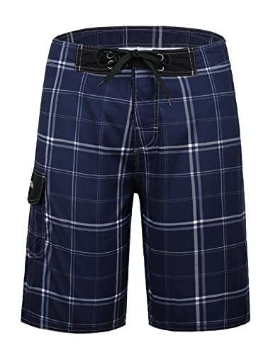 Nonwe Men's Beachwear Board Shorts Quick Dry Plaid Pattern Deep Blue 34