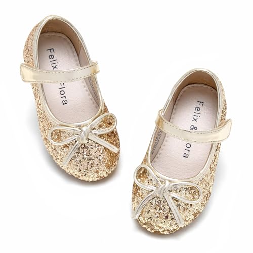 Felix & Flora Bear Mall Girls' Shoes Girl's Ballerina Flat Shoes Mary Jane Dress Shoes (Little/Toddler Girls Shoes/Big Kids)(6 Toddler, Glitter Gold)