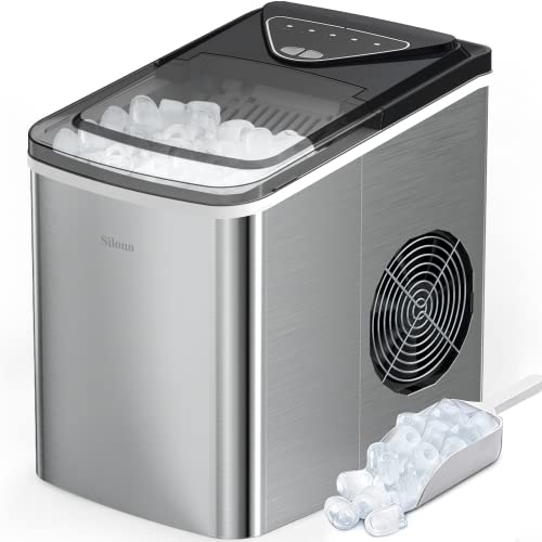 Silonn Ice Makers Countertop, 9 Cubes Ready in 6 Mins, 26lbs in 24Hrs, Self-Cleaning Ice Machine with Ice Scoop and Basket, 2 Sizes of Bullet Ice, Stainless Steel