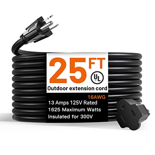 addlon 25 Feet Outdoor Extension Cord Waterproof Deep Black 16 AWG 3 Prong, Flexible Long Wires Perfect for Home or Office Use, UL Listed