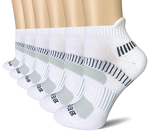 BERING Women's Performance Athletic Ankle Running Socks, Size 7-9, White, 6 Pack