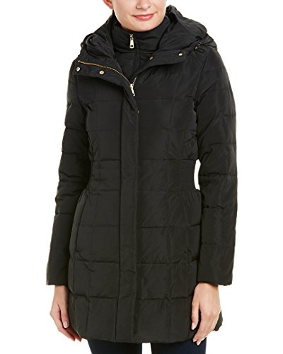 Cole Haan Women's Taffeta Down Coat with Bib Front and Dramatic Hood, Black, Large
