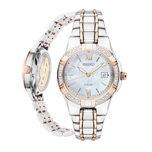 SEIKO SUT068 Watch for Women - Diamond Collection - with 18 Diamond Accents, Solar Power, Mother-of-Pearl Dial, Two-Tone Rose Gold Stainless Steel Case & Bracelet, and Water-Resistant to 50m