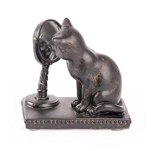 Young's Inc. Cat Figurine - Cute Cat Statue - Whimsical Cat Decor for Cat Lovers - Cat Collectibles and Meditation Decor - Cat with Mirror - 4'' L X 2'' W X 4'' H
