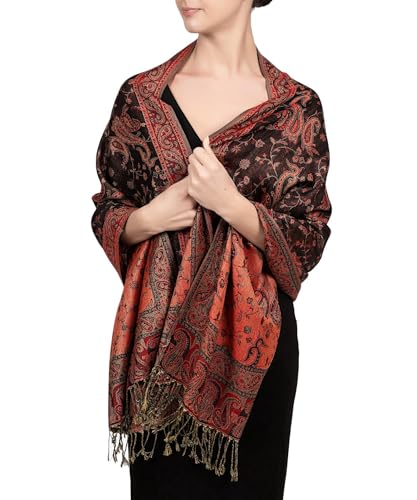 Achillea Soft Silky Reversible Paisley Pashmina Shawl Wrap Scarf w/Fringes (Black Red)