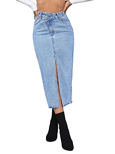 SweatyRocks Women's Casual High Waist Denim Skirt Split Hem Raw Trim Midi Jean Skirts Light Wash M
