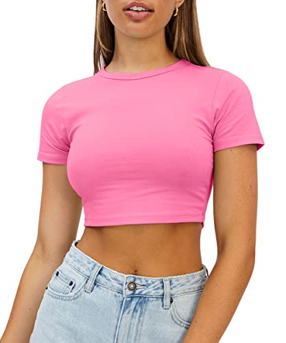 WYNNQUE Womens Breast Cancer Awareness Tshirt Cute Crop Tops for Teen Girls Kawaii Summer Short Sleeve Slim Fitted Tight Basic Trendy Casual Baby Tees Pink