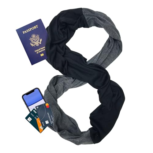 elzama Dual Color Travel Scarf for Women, Infinity Scarves with 2 Hidden Zipper Pockets, Convertible Loop Scarf with Double Zip Pocket, Lightweight Fashion Neck Wrap, Black Grey