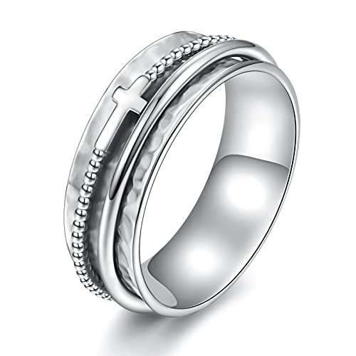 Cross Fidget Ring for Women - 925 Sterling Silver Spinner Rings Spinning Rings Band Wide Hammered (Silver, 9)