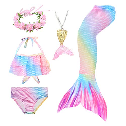 5Pcs Girls Swimsuit Mermaid Tails for Swimming Kids Bikini Costume Sets with Flower Headband (No Monofin) (GB15-G,10-12 Years)