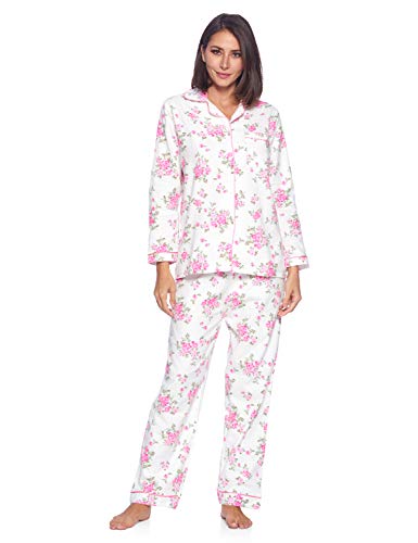 Casual Nights Women's Flannel Long Sleeve Button Down Pajama Set, White Pink Flower, 3XL