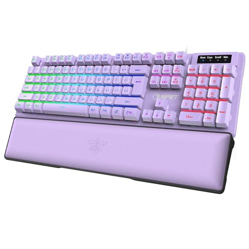 NPET K10V3 Wired Gaming Keyboard and Wrist Rest, RGB 10 Zone Backlit, Spill-Resistant Design, Quiet Silent USB Membrane Keyboard and Wrist Support for Desktop, Computer, PC (Purple)