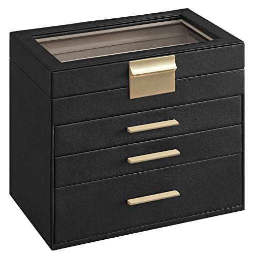SONGMICS Jewelry Box with Glass Lid, 4-Layer Jewelry Organizer, 3 Drawers, for Sunglasses, Big Jewelry, Jewelry Storage, Modern Style, Christmas Gifts, Graphite Black and Gold Color UJBC161B02