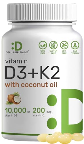 Sunshine Vitamin D - Vitamin D3 10000 IU with K2 MK7 200mcg, Infused with Virgin Coconut Oil, Support Healthy Bones, Teeth and Immune System - Easy to Swallow