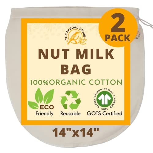 2024 NEW - 2 Pcs 14'x14' Nut Milk Bag - 100% Organic Unbleached Cotton Cheesecloth Bags/Food Strainer, Nut Milk Bag Reusable for Straining Oat Milk, Almond Milk, Cheese making, Celery Juice Nut Bag
