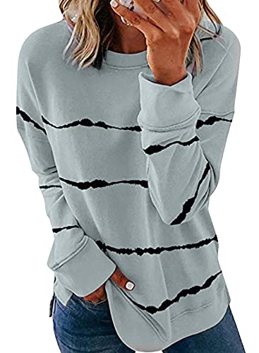 Acelitt Women's Ladies Fall Long Sleeve Crewneck Casual Loose Lightweight Soft Cozy Striped T-Shirts Sweatshirts Pullover Tops Blouse Gray Medium