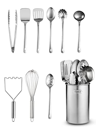 Stainless-Steel Kitchen Utensil Set - 10-piece premium Nonstick & Heat Resistant Kitchen Gadgets, Turner, Spaghetti Server, Ladle, Serving Spoons, Whisk, Tongs, Potato Masher and Utensil Holder