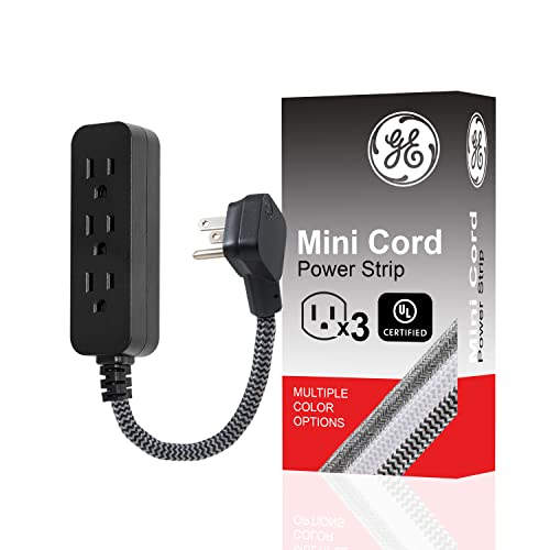 GE 3-Outlet Power Strip Extension Cord with Multiple Outlets 6 Inch Braided Short Cord Extension Cord Grounded Flat Plug Extension Cord UL Listed Black 45191