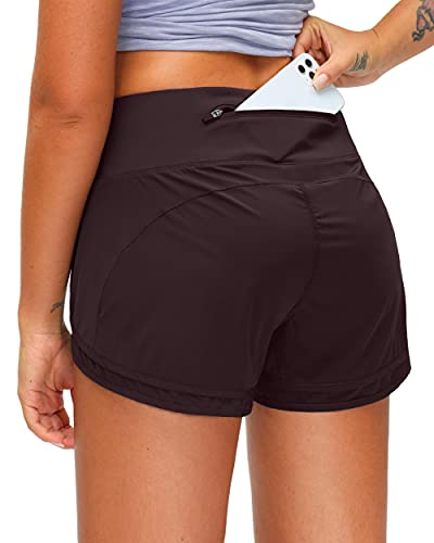 Women's Running Shorts High Waisted Quick-Dry 3 Inch Gym Workout Athletic Shorts for Women with Zipper Pocket(Wine, M)