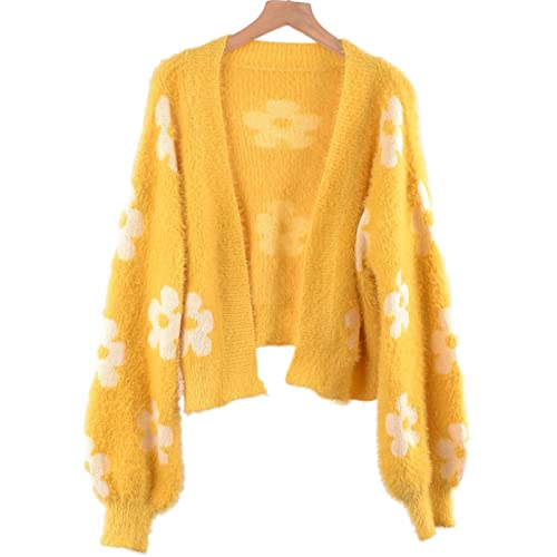 YUAKOU Women's Flower Long Sleeve Open Front Short Cardigan Casual Loose V Neck Down Knit Cardigan Sweaters Outwear Yellow