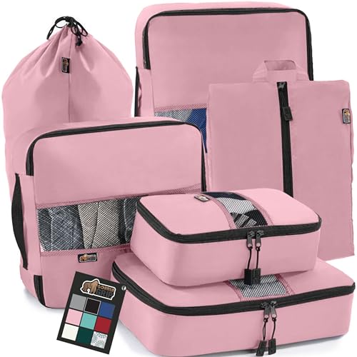 Gorilla Grip 6 Piece Packing Cubes Set, Compression Space Saving Organizers for Suitcases and Luggage, Mesh Window Bags, Travel Essentials for Carry On, Clothes and Shoes, Cube with Zipper, Pink