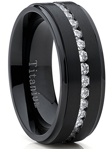 Black Titanium Men's Eternity Wedding Band Ring with Cubic Zirconia CZ, Comfort Fit 8mm SZ 10
