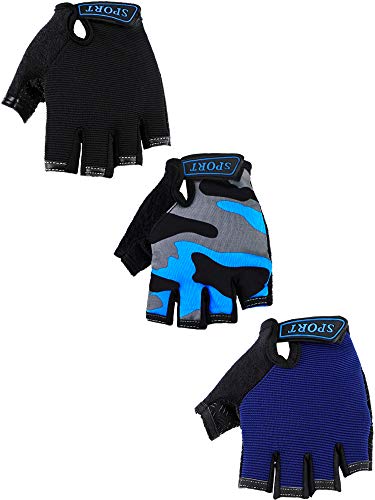 3 Pairs Kids Half Finger Gloves Sport Gloves Non-Slip Gel Gloves for Children Cycling Riding Biking (Stylish,8-12 Years)