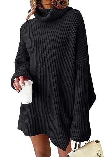 LILLUSORY Womens Turtleneck Sweater Tunic Long Sweater Dress Oversized Slouchy Chunky Winter Sweater Tops Black