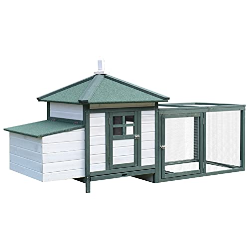 PawHut 77' Wooden Chicken Coop with Nesting Box, Cute Outdoor Hen House with Removable Tray, Ramp Run, for Garden Backyard, Green