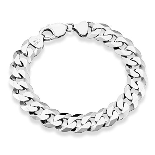 Miabella 925 Sterling Silver Italian 12mm Solid Diamond-Cut Cuban Link Curb Chain Bracelet, Jewelry For Men Made in Italy (Length 9 Inches)
