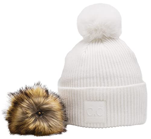 C.C Women’s Tie Dye Solid Detachable or Interchangeable Two Pom Beanie Cuffed Winter Knit Watch Hat Skull Cap (Ivory)
