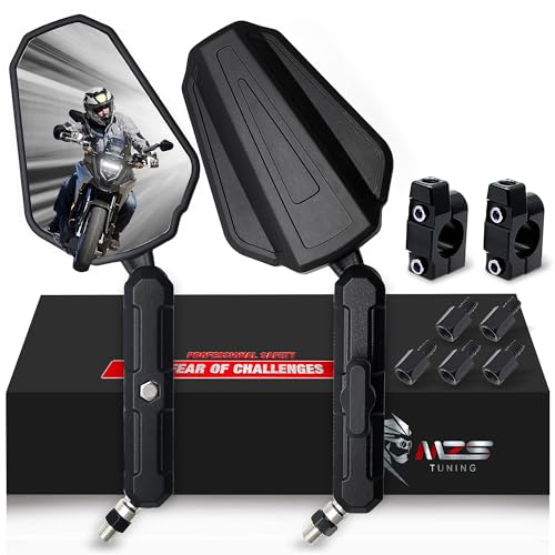 MZS Adventure Motorcycle Mirrors, 10mm 8mm Folable Motorbike Rear View Handlebar Side Mirror with Aluminum Mount Black Fit for Street Dirt Electric Bike Ebike Scooter ATV Quad