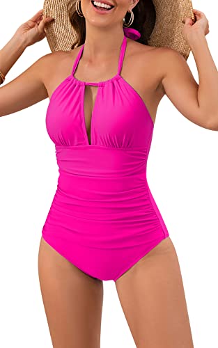 B2prity Women's Slimming One Piece Swimsuits Tummy Control Bathing Suit Halter Swimwear for Big Busted Curvy Woman Pink