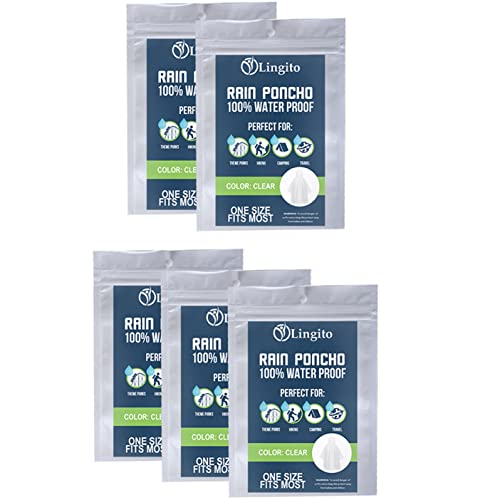 Lingito 5 Clear Emergency Rain Ponchos for Adults, Thicker, 100% Waterproof for Amusement Parks, Hikes, Camping and Concerts