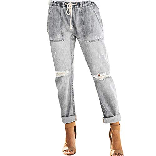SERYU Women Pull-on Distressed Denim Joggers Elastic Waist Stretch Pants