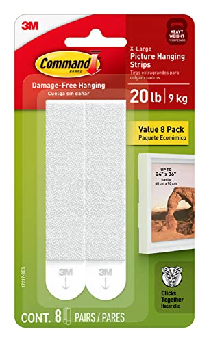 Command 20 Lb XL Heavyweight Picture Hanging Strips, Damage Free Hanging Picture Hangers, Heavy Duty Wall Hanging Strips for Living Spaces, 8 White Adhesive Strip Pairs