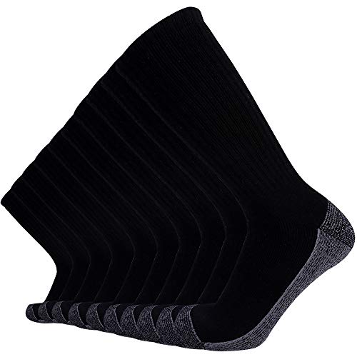 EnerWear 10P Pack Men's Cotton Moisture Wicking Heavy Cushion Crew Socks (10-13/shoe size 6-12 (10 Pair), Black/Grey Sole)